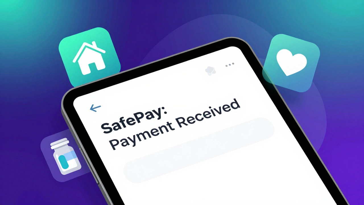 Digital payment interface showing secure transaction with icons for housing, health, and safety.