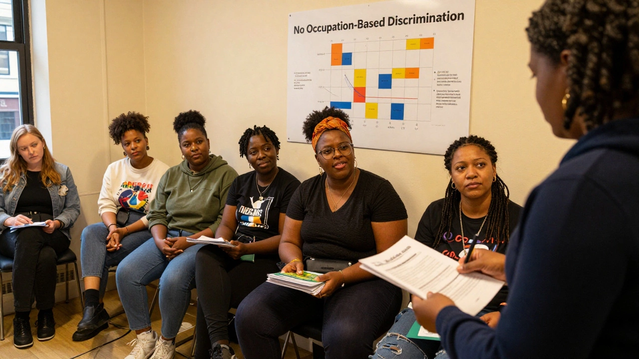 Diverse sex workers receiving financial support from a bank representative in a community center.